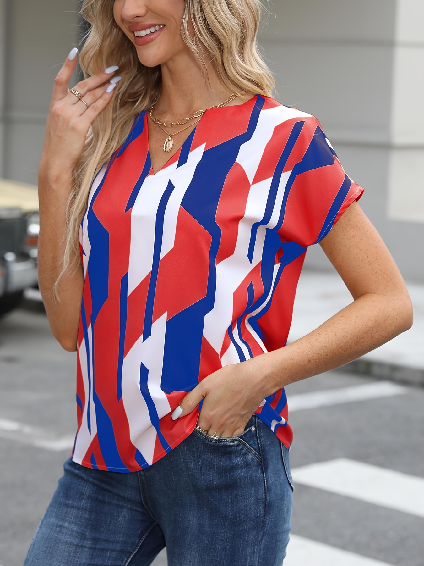 color block   blouse notched neck casual short sleeve blouse womens clothing details 17